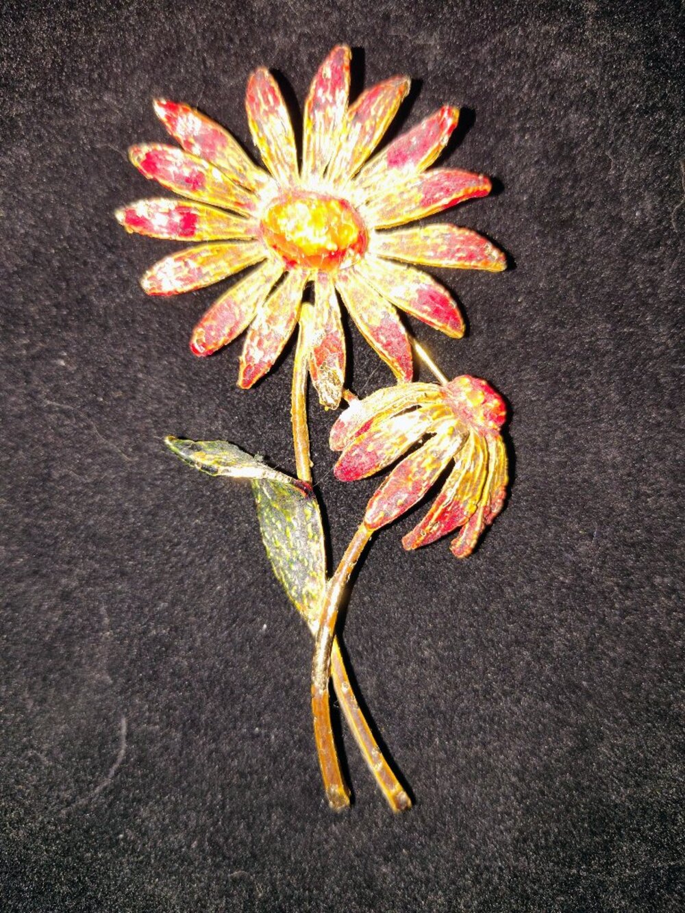 Vintage ART © Enamel Wildflower Double‑Stem Brooch – Mid‑Century Rolled Gold Loo